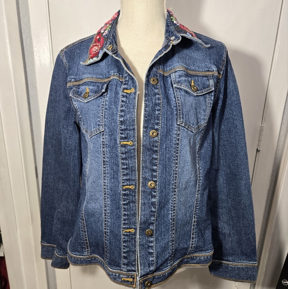 Susan Bristol Denim Jacket With Embroidered Collar Size Large - Picture 1 of 7